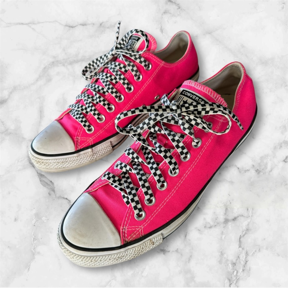 Hot pink Converse with checkered laces…. size 11womans or 9mens